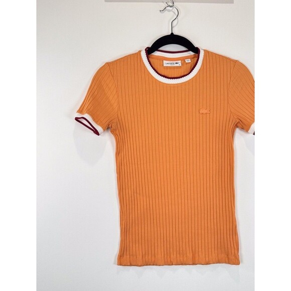Lacoste Womens Shirt Orange Crew Neck Fantasy Knit Ribbed Slim Fit 34 US Small - Picture 5 of 10